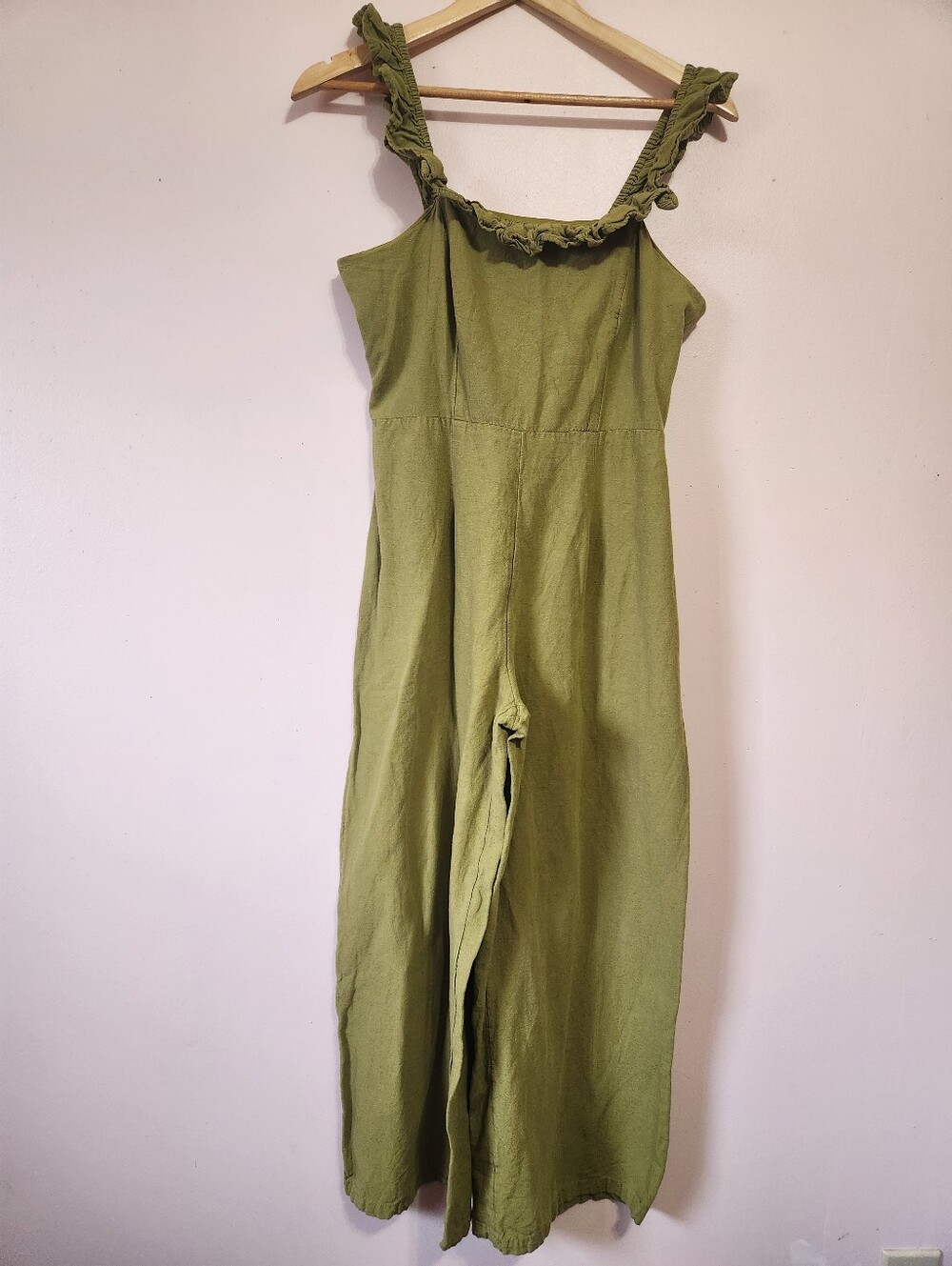 Japna Olive Green Linen Blend Smocked Ruffle Wide Leg Jumpsuit Size L EUC